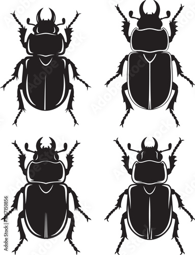 Four detailed black scarab beetle silhouettes silhouette