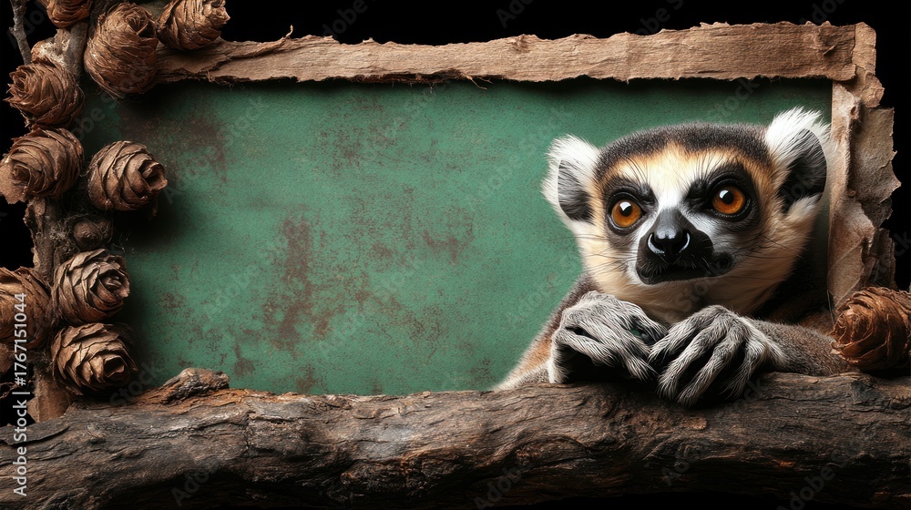 Obraz premium Curious lemur peering over rustic frame