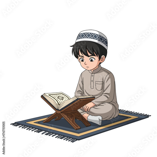 Cartoon illustration of a young boy in traditional Muslim attire reading the Quran on a prayer rug.