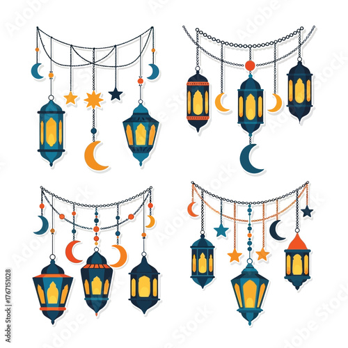 Four sets of hanging Ramadan decorations with lanterns, moons, and stars, suspended by strings with colorful beads.
