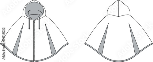Minimalist technical fashion illustration of hooded cape with gussets, curved hem, front zipper, drawstring hood, front and back views