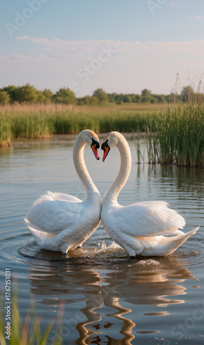 Bei cigni che con il collo formano il cuore in un bel momento di luce.