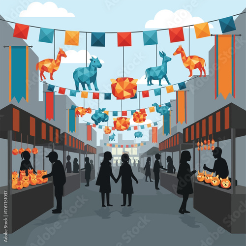 A vibrant street fair scene with people browsing market stalls under colorful decorations and animal figures.