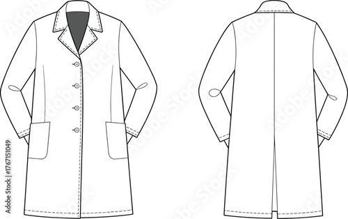 Minimalist technical fashion illustration of long coat with patch pockets, notched lapel, elbow darts, back vent, front and rear views