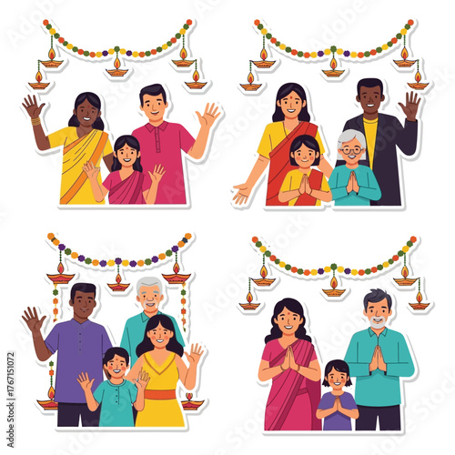 Diverse families celebrating a traditional festival with diyas and garlands, showing various greetings and generations.