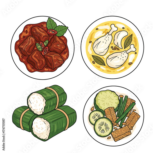 A collection of traditional Indonesian dishes including rendang, opor ayam, lontong, and a vegetable salad with tempeh.