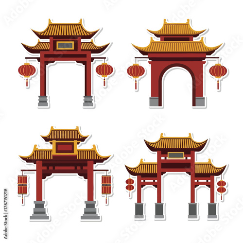 Four illustrations of traditional Chinese gates, each with unique architectural details and hanging lanterns.