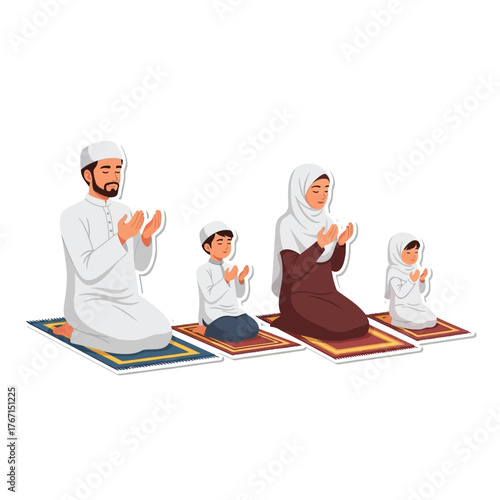 A Muslim family of four, including father, mother, son, and daughter, kneeling and praying on prayer rugs.