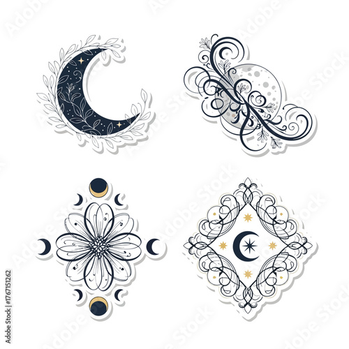 Set of four mystical celestial sticker designs featuring ornate moons, stars, and intricate floral patterns, perfect for spiritual and bohemian themes.