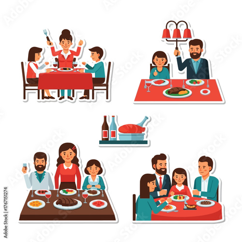 Cartoon illustrations of families and couples enjoying meals and celebrating together at dining tables.