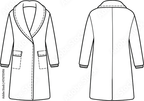 Minimalist technical fashion illustration of long coat with shawl collar, ribbed cuffs, flap pockets, front and back views