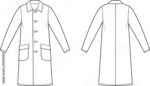 Minimalist technical flat sketch of long toggle coat with patch pockets, front and back view for fashion design illustration