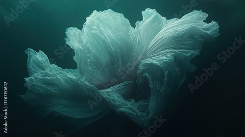 Ethereal underwater bloom, flowing fabric-like form, teal and white hues
