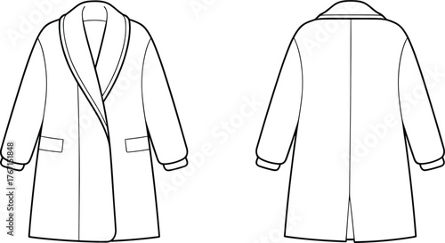 Minimalist technical flat sketch of shawl collar coat with cuffs, flap pockets, back vent, fashion design vector template