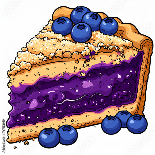 Blueberry crumble pie slice illustration with sugar topping