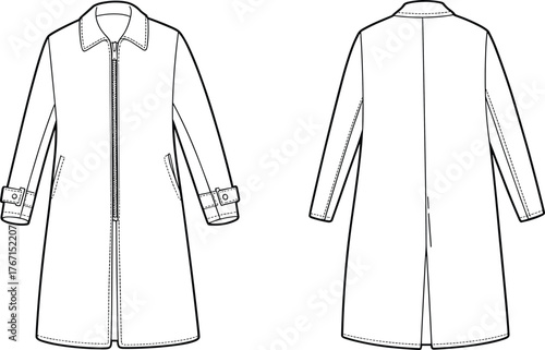 Technical fashion flat of long coat front and back view with zipper, collar, sleeve strap detail and vent design