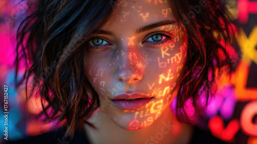 Woman in virtual chaos artwork captivates with her striking blue eyes and illuminated face, showcasing vibrant colors and patterns