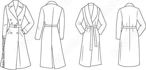 Technical fashion sketch of trench coat and wrap coat front and back view for garment design, pattern making, illustration