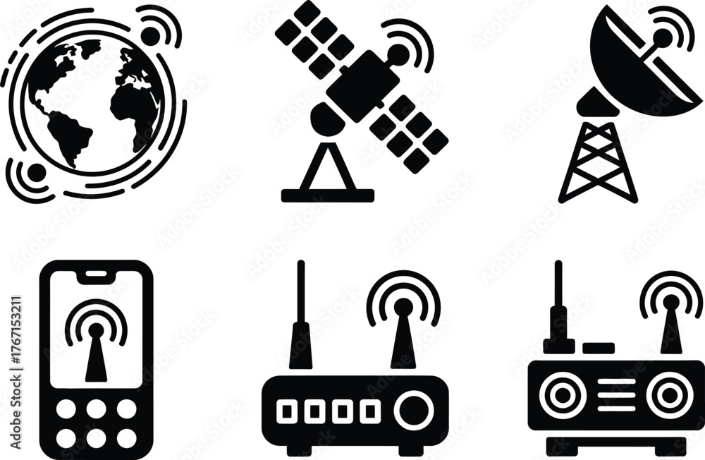 Fototapeta premium Communication Technology Icons: Globe, Satellite, Tower, Phone, Routers