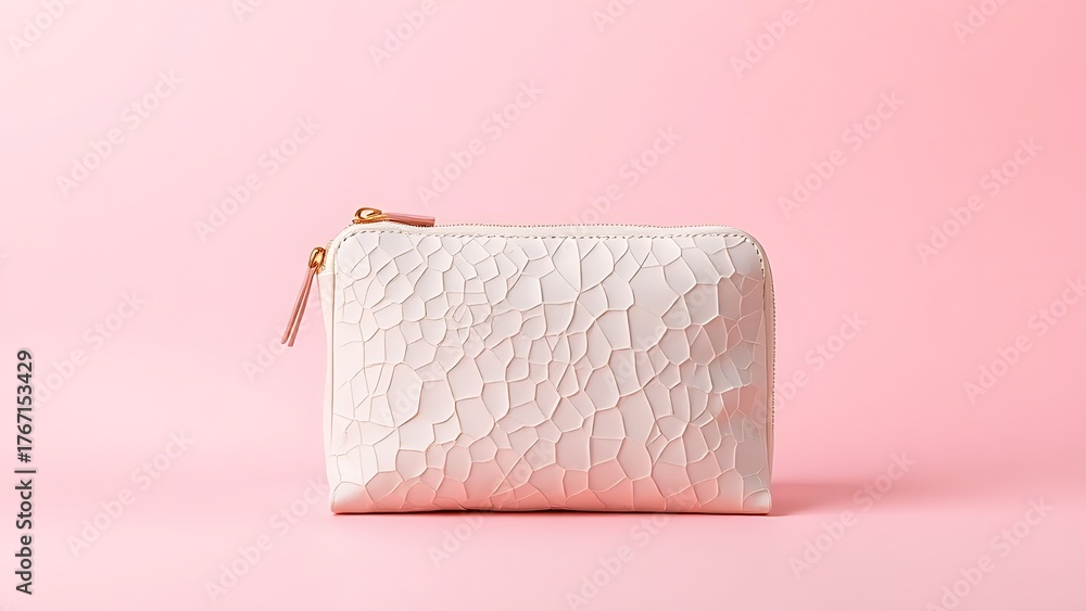 Fototapeta premium Elegant cosmetic bag on soft pink background, highlighting texture and design. 
