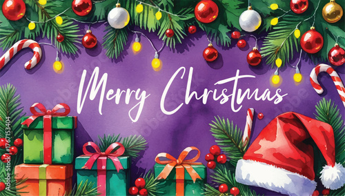 A festive Christmas scene with green pine branches, red ornaments, gifts with ribbons, candy canes, and a Santa hat, all set against a plain purple background with warm yellow lights.