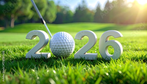 New Year 2026 Golf Theme Featuring Ball with 2026 Text on Fresh Green Grass
