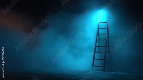 A ladder reaches towards a bright light in a misty blue environment