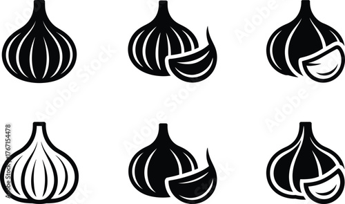 Black and White Garlic Icons: Whole and Cloves