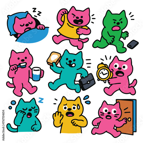 Cartoon cat morning routine, waking up, brushing teeth, eating, rushing, surprised, energetic