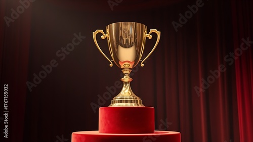A gleaming gold trophy sits on a velvet stand, radiating achievement and prestige.
