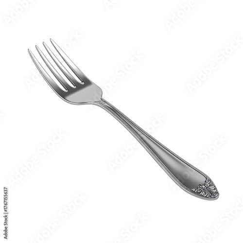 Silver fork; tines, ornate handle, tableware on black ground
