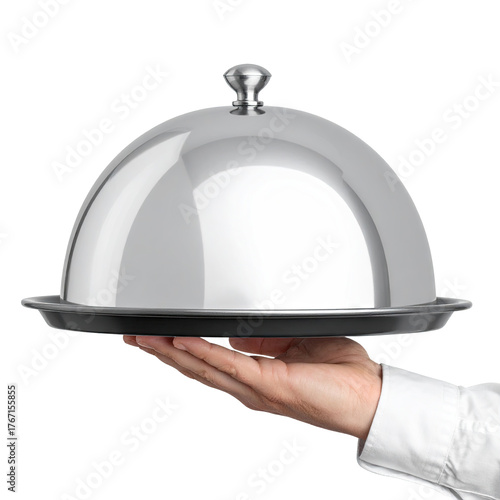 Hand holding a silver covered platter, black background