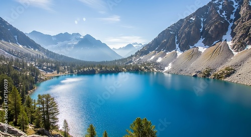A breathtaking vista reveals a stunning, crystal-clear, cerulean lake nestled amidst towering, snow-dusted mountains, under a bright sunny sky