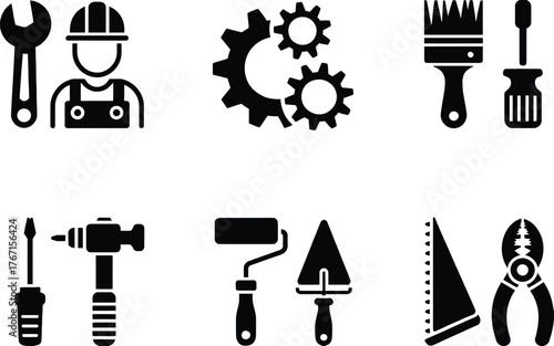 Collection of Black and White Icons Representing Tools and Professions