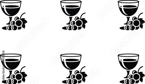 Six Black and White Icons of Wine Glasses with Grapes