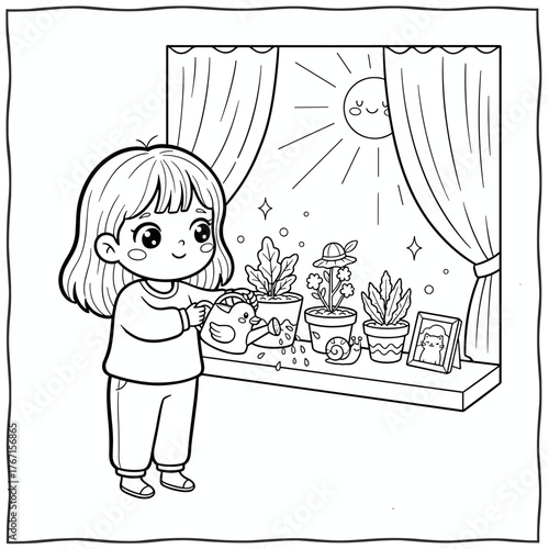 A girl watering her windowsill plants with a watering can shaped like a duck Cute Kawaii Vector Illustration, Black and White Clip Art for Kids and Adults, Coloring Pages for kids and adults