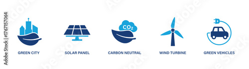 Green city, green energy, carbon neutral icons for sustainable development. Solid icon.