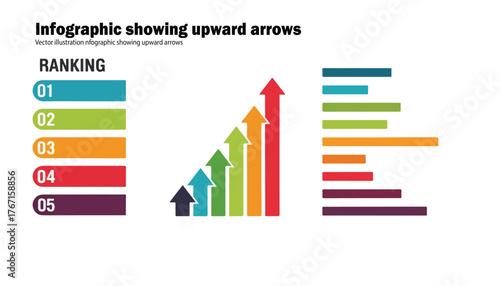 Colorful infographic depicting ranking data with upward arrows and horizontal bars, showing growth.