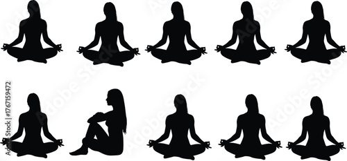 Silhouette of woman meditating and relaxing, yoga pose, mindfulness, wellness, calm, peace, balance, fitness, body, health, harmony, spiritual awareness