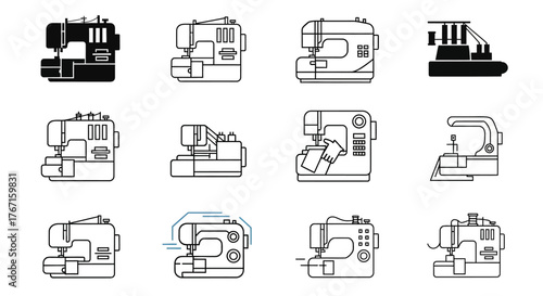 A collection of twelve different sewing machine illustrations, presented in a grid arrangement with varying styles and details.