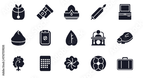 A collection of fifteen minimalist black silhouette icons depicting various objects like food, plants, tools, and technology on a white background.