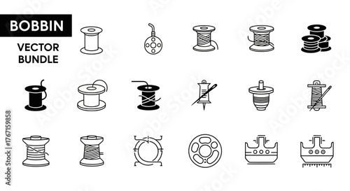 A vector bundle of various bobbin and spool illustrations, showcasing different designs and styles in a clean, minimalist black and white line art format.