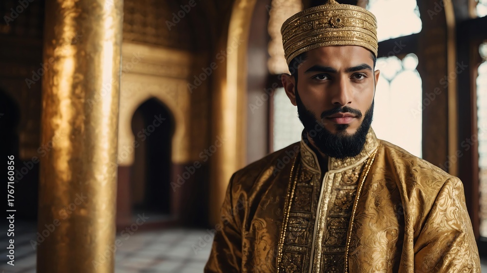Naklejka premium Handsome Muslim man in gold themed ornate garment on a historical background