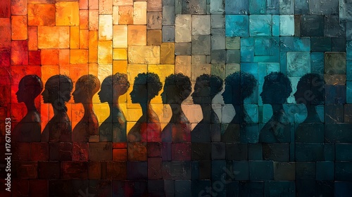 Abstract artwork featuring silhouetted heads against a vibrant block pattern. A gradient of warm and cool colors evokes curiosity and contemplation, capturing human motivation.