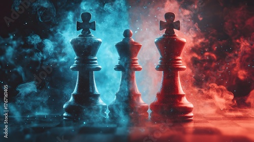 Chess pieces stand divided under contrasting blue and red light. A king, queen and king symbolize conflict, strategy, and ambition amidst a smoky, mystical atmosphere. Human motivation.