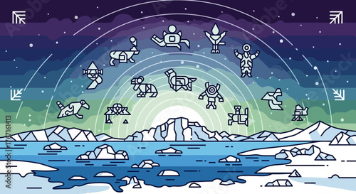 Collection of Stylized Mythical Creatures and Zodiac Animals in a Celestial Arc.