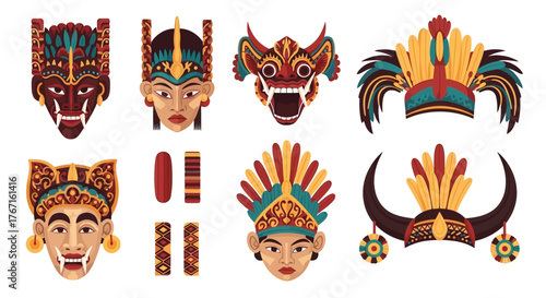 Collection of Traditional Balinese Masks and Headdresses for Cultural Ceremonies.