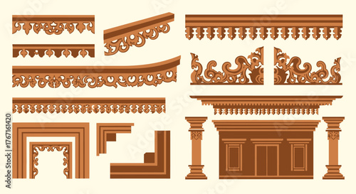 Collection of traditional carved wooden architectural elements and decorative patterns.