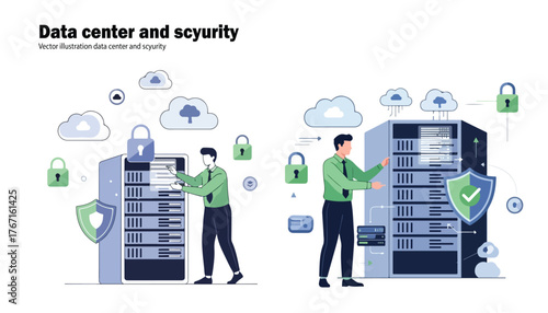 Illustration depicting two men interacting with server racks in a data center, emphasizing cloud security and data protection with locks and shields.