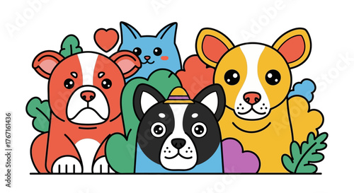 Colorful cartoon dogs and cats smiling and looking at the viewer.